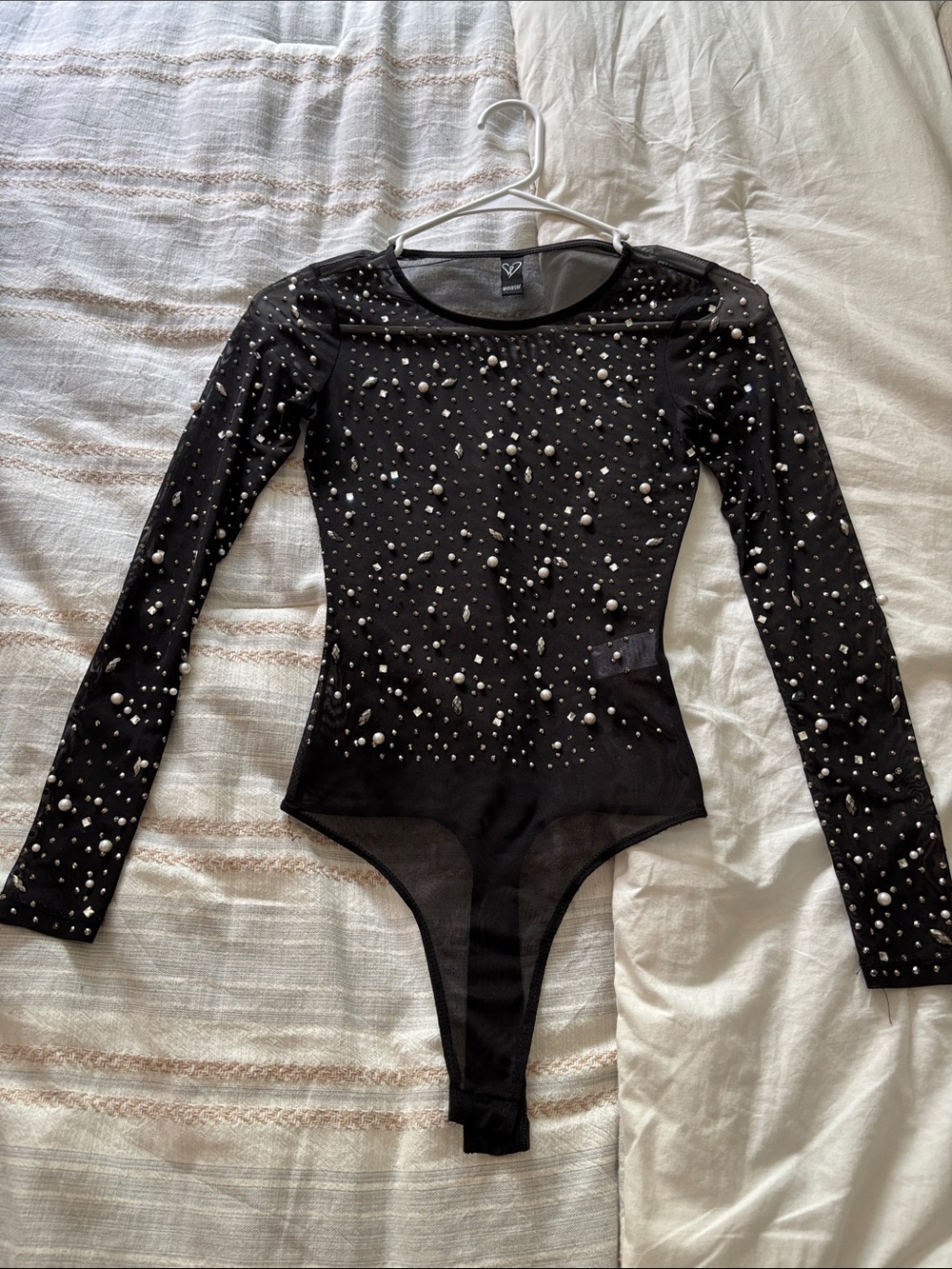Windsor Black Long-Sleeve Embellished Mesh Bodysuit